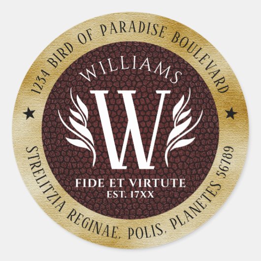 レザーエレガントリーフ&ヴィンテージ紙名字モットー ラウンドシール (正面)