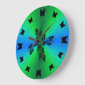 レザーオプティクスの緑色の虹の上の黒い蝶 ラージ壁時計 (傾斜)