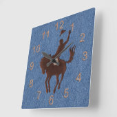 レザーカウボーイと馬オン・デニム スクエア壁時計 (傾斜)