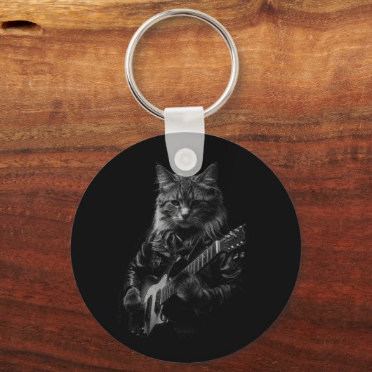 レザージャケットの遊エレキギターの猫 キーホルダー (正面)