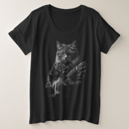 レザージャケットの遊エレキギターの猫 プラスサイズTシャツ