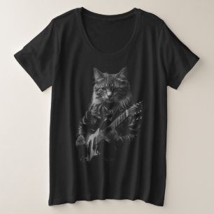レザージャケットの遊エレキギターの猫 プラスサイズTシャツ