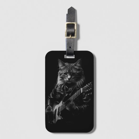レザージャケットの遊エレキギターの猫 ラゲッジタグ (正面縦)