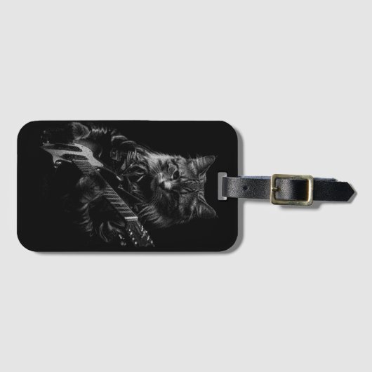レザージャケットの遊エレキギターの猫 ラゲッジタグ (正面横)