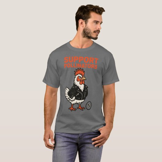 レザージャケットを着たクールな雄鶏 ポリネーターを応援しよう Tシャツ (正面フル)