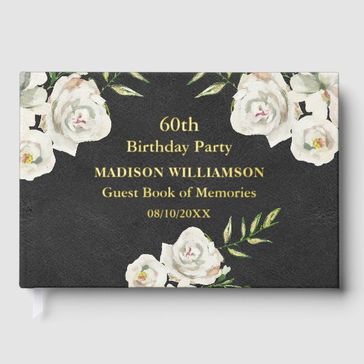 レザーテクスチャフローラ誕生日パーティーゴールドフォイル ゲストブック (正面)