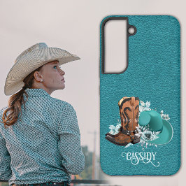 レザーテクスチャ女性のカーボーイブラウンターコイズ SAMSUNG GALAXY S22ケース