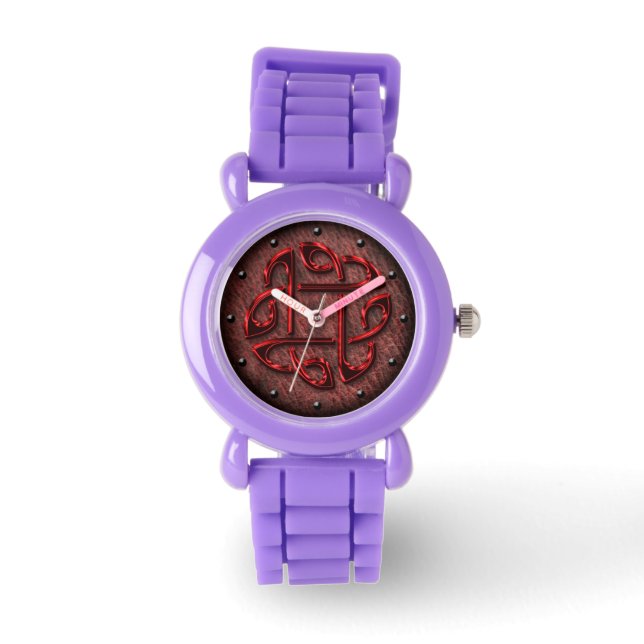 レザーデジタルアート上のレッド金属ケルト結び目模様 腕時計 (正面)