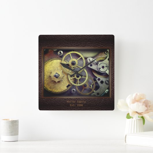 レザーパーソナライズされたウォールクロック付きギア スクエア壁時計 (ホーム)