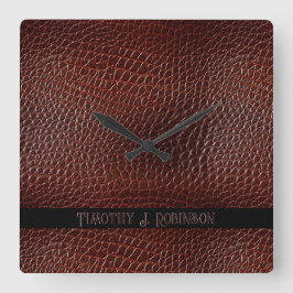 レザーパーソナライズされたフェイクブラウンエンボス スクエア壁時計