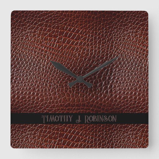 レザーパーソナライズされたフェイクブラウンエンボス スクエア壁時計 (正面)