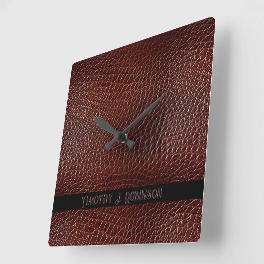 レザーパーソナライズされたフェイクブラウンエンボス スクエア壁時計 (傾斜)