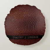 レザーパーソナライズされたフェイクブラウンエンボス ラウンドクッション (正面)