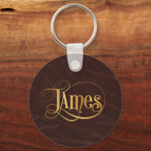レザーパーソナライズされた渦巻形ののJames金ゴールドのスクリプト キーホルダー (正面)