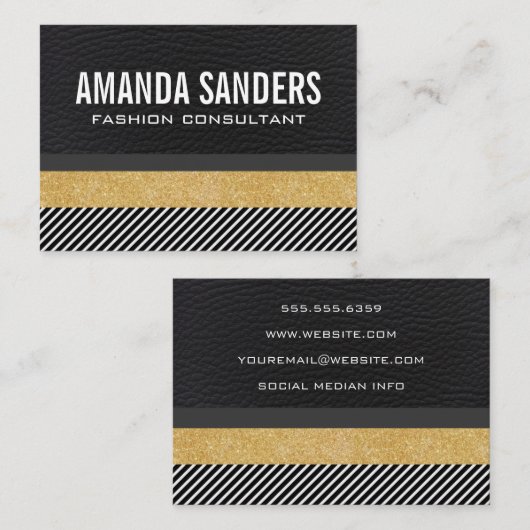 レザーフェイクグリッターとストライプ 名刺 (正面/裏面)