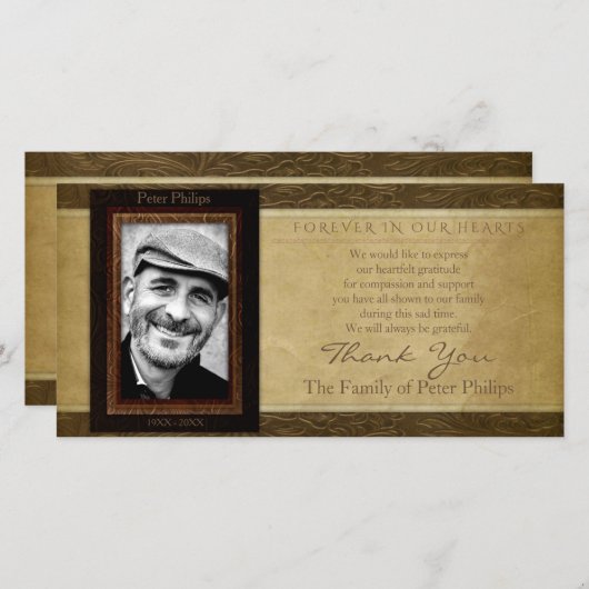 レザーフェイクパーチメント写真悔やみや弔慰ありがとう サンキューカード (正面/裏面)