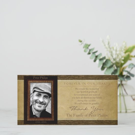 レザーフェイクパーチメント写真悔やみや弔慰ありがとう サンキューカード (スタンド正面)