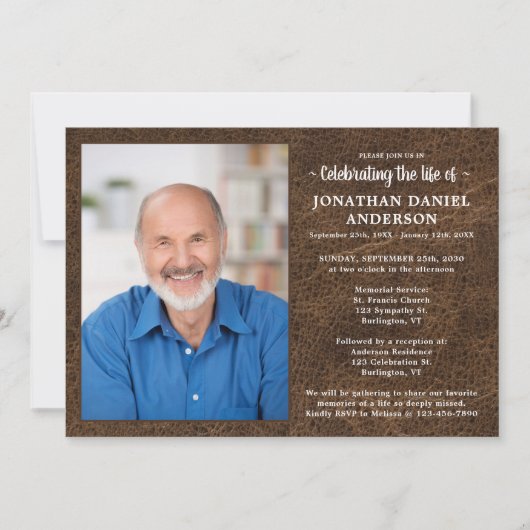 レザーフェイクフォト生涯の葬儀お祝い 招待状 (正面)