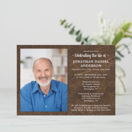 レザーフェイクフォト生涯の葬儀お祝い 招待状 (スタンド正面)