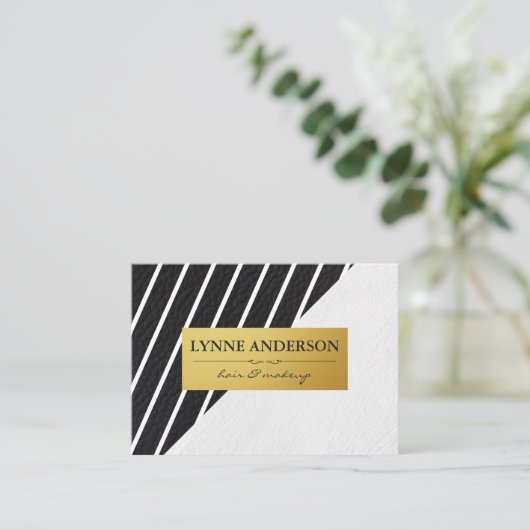 レザーフェイクホワイトストライプ金ゴールドメタリックラベル 名刺 (スタンド正面)