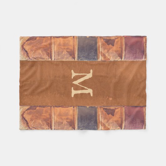 レザーフェイクヴィンテージアンティークブックモノグラム フリースブランケット (正面(横))