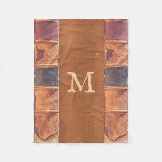 レザーフェイクヴィンテージアンティークブックモノグラム フリースブランケット (正面)
