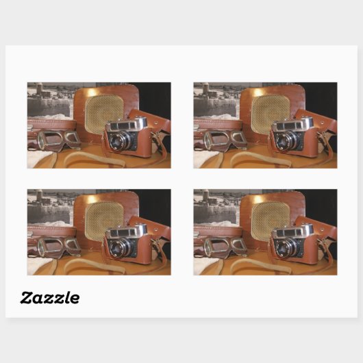 レザーブラウンケースのヴィンテージアナログカメラ 長方形シール (シート)