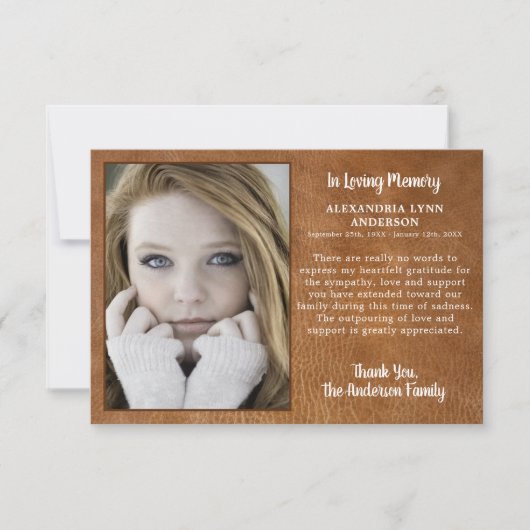 レザーモダン悔やみや弔慰インメモリーフォト葬儀 サンキューカード (正面)