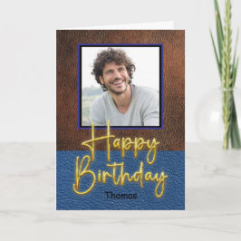 レザー調ブラウン+ブルー ゴールドスクリプト 誕生日 カード