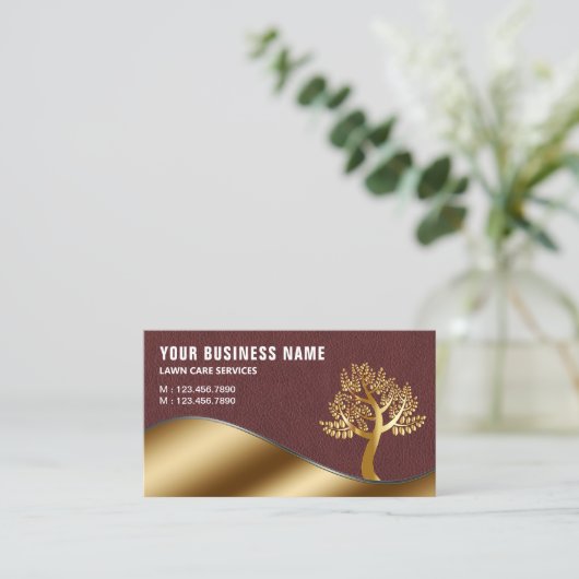 レザー金ゴールドツリーガーデニング造園芝生気に 名刺 (スタンド正面)