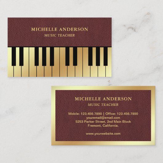 レザー金ゴールドフェイクピアノ鍵盤先生ピアニスト 名刺 (正面/裏面)