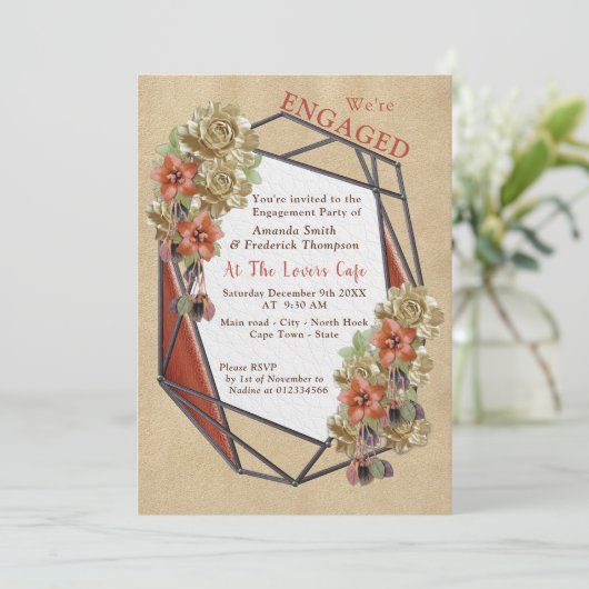 レザー&スエードテクスチャアート婚約パーティ 招待状 (スタンド正面)