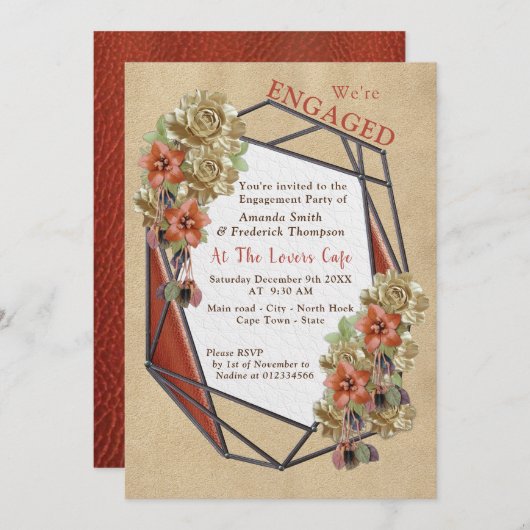 レザー&スエードテクスチャアート婚約パーティ 招待状 (正面/裏面)