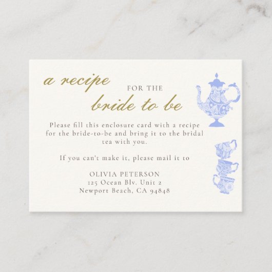 レシピのための花嫁ブルーティーセット中国レース金ゴールドシック エンクロージャーカード (正面)