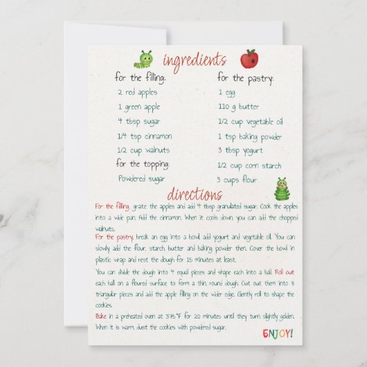 レシピのクリスマスアップルのクッキーのグリーティングカード 招待状 (裏面)