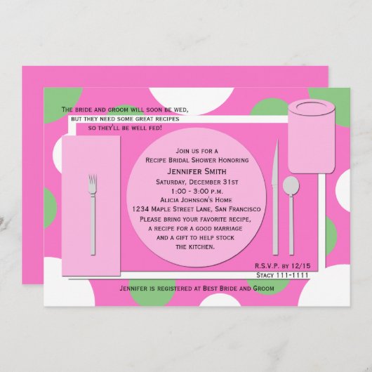 レシピのブライダルシャワー招かわいらし待 – ピンク 招待状 (正面/裏面)