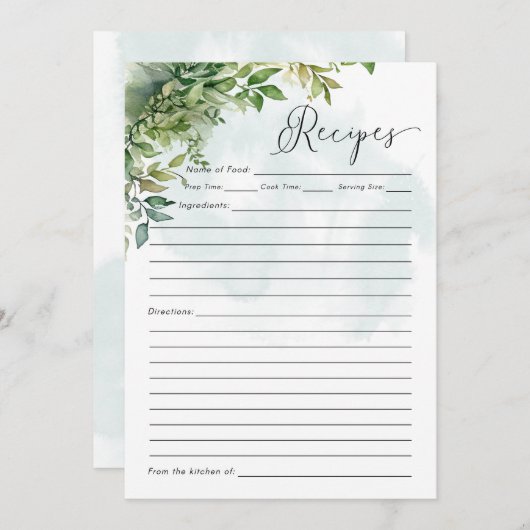 レシピカード水彩緑色赤ちゃんシャワーゲーム 招待状 (正面/裏面)