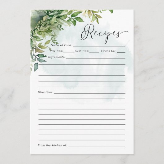 レシピカード水彩緑色赤ちゃんシャワーゲーム 招待状 (正面)