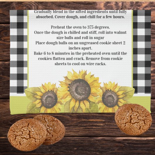 レシピキープサクサンフラワーフローラ白黒プレイド キッチンタオル