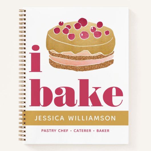 レシピクックブックケーキ金ゴールドバーガンディーレッドベイクモダンク ノートブック (正面)
