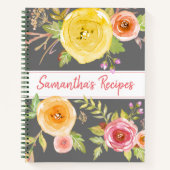 レシピクックブックピンク黄色フローラ水色グレー ノートブック (正面)