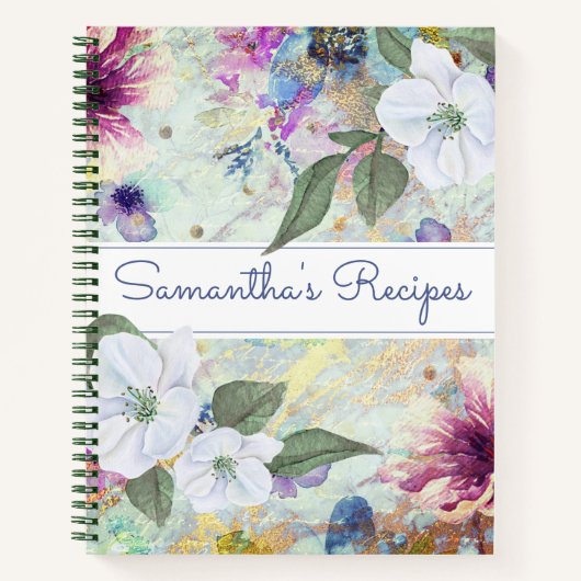 レシピクックブック、ヴィンテージアクアフローラ水彩 ノートブック (正面)