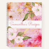 レシピクックブック、ヴィンテージピンクフローラ水色 ノートブック (正面)
