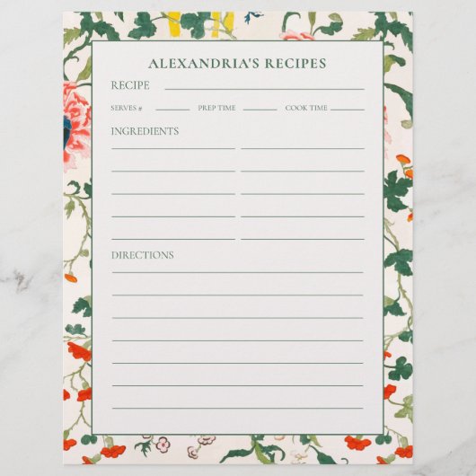 レシピバインダーページ |名前をカスタムする |エレガントフローラ (正面)