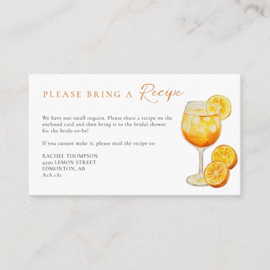 レシピリクエストアペロルスピリッツオレンジブライダルシャワー エンクロージャーカード (正面)