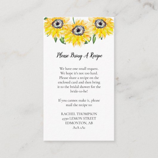 レシピリクエストヒマワリブライダルシャワーフローラ エンクロージャーカード (正面)