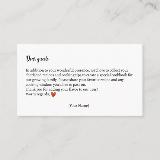 レシピ交換秋テディベア赤ちゃんシャワー エンクロージャーカード (裏面)