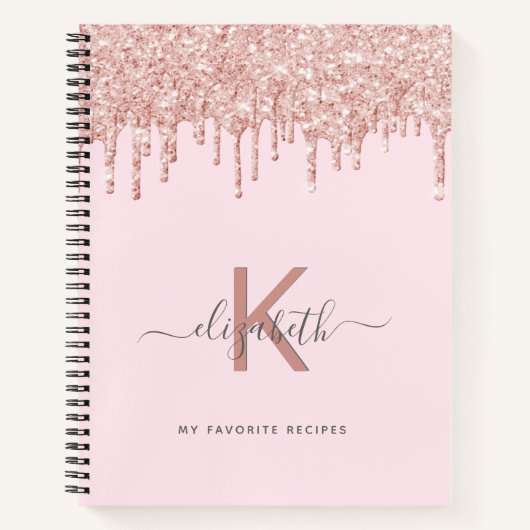 レシピ料理本バラ金ゴールドグリッターモノグラム ノートブック (正面)