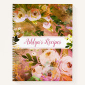 レシピ料理本ピンクフローラ水彩ヴィンテージ ノートブック (正面)