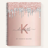 レシピ料理本モノグラムグリッターバラ金ゴールド銀 ノートブック (正面)